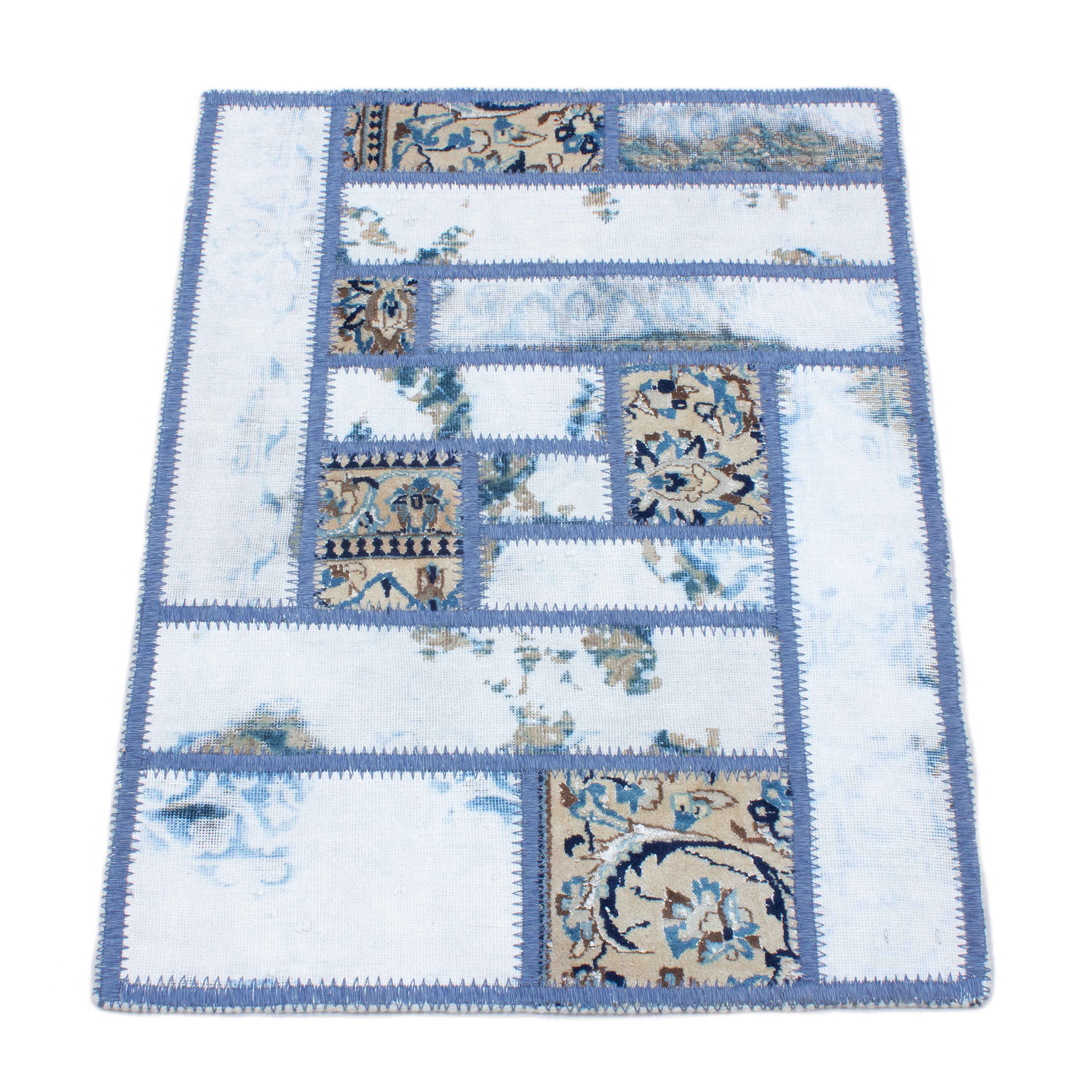 Perzisch Handgeknoopt Patchwork Tapijt – Lichtblauw