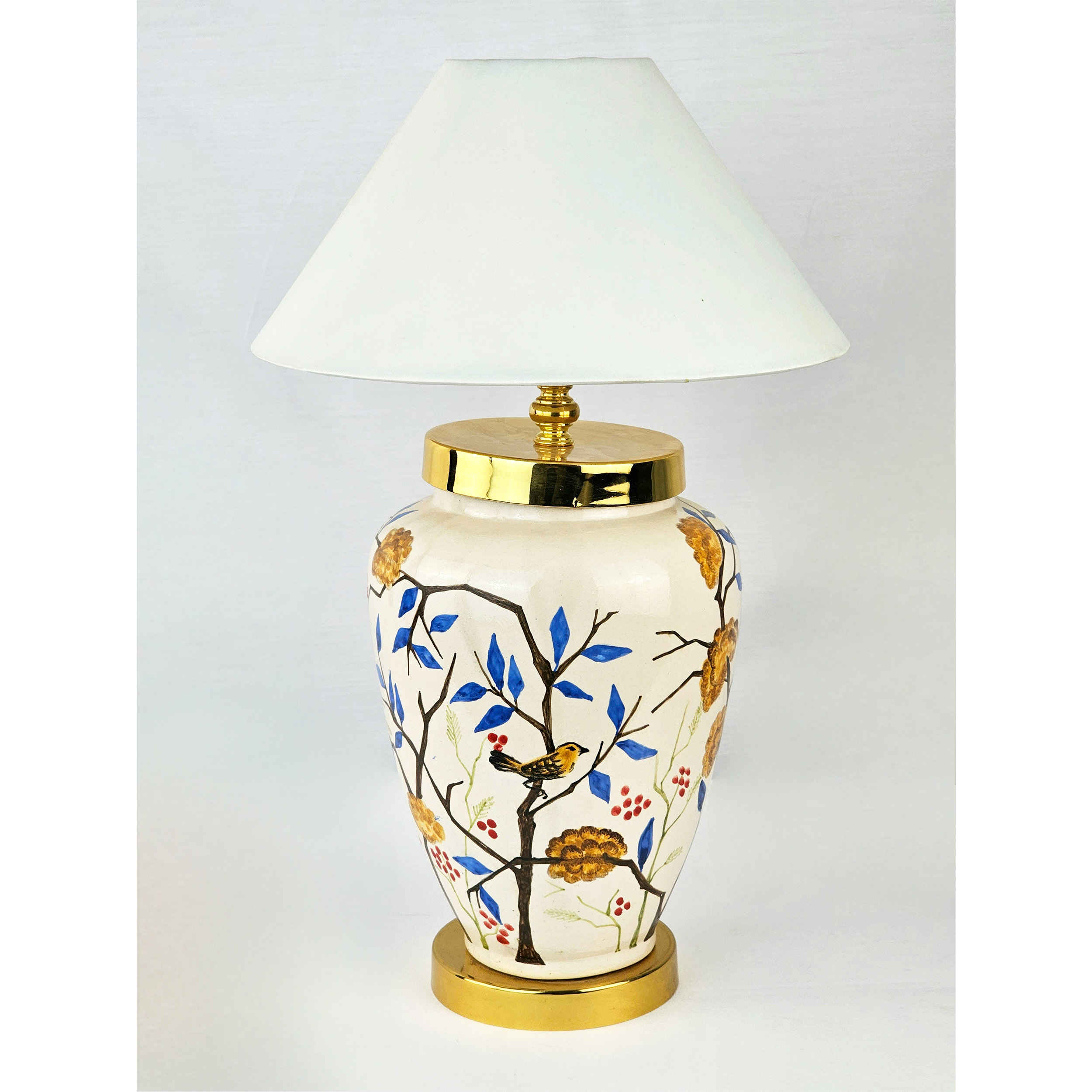 Keramische Vaas Tafel Lamp Handgemaakt in Oosterse Stijl met Vogel & Bloem Motief