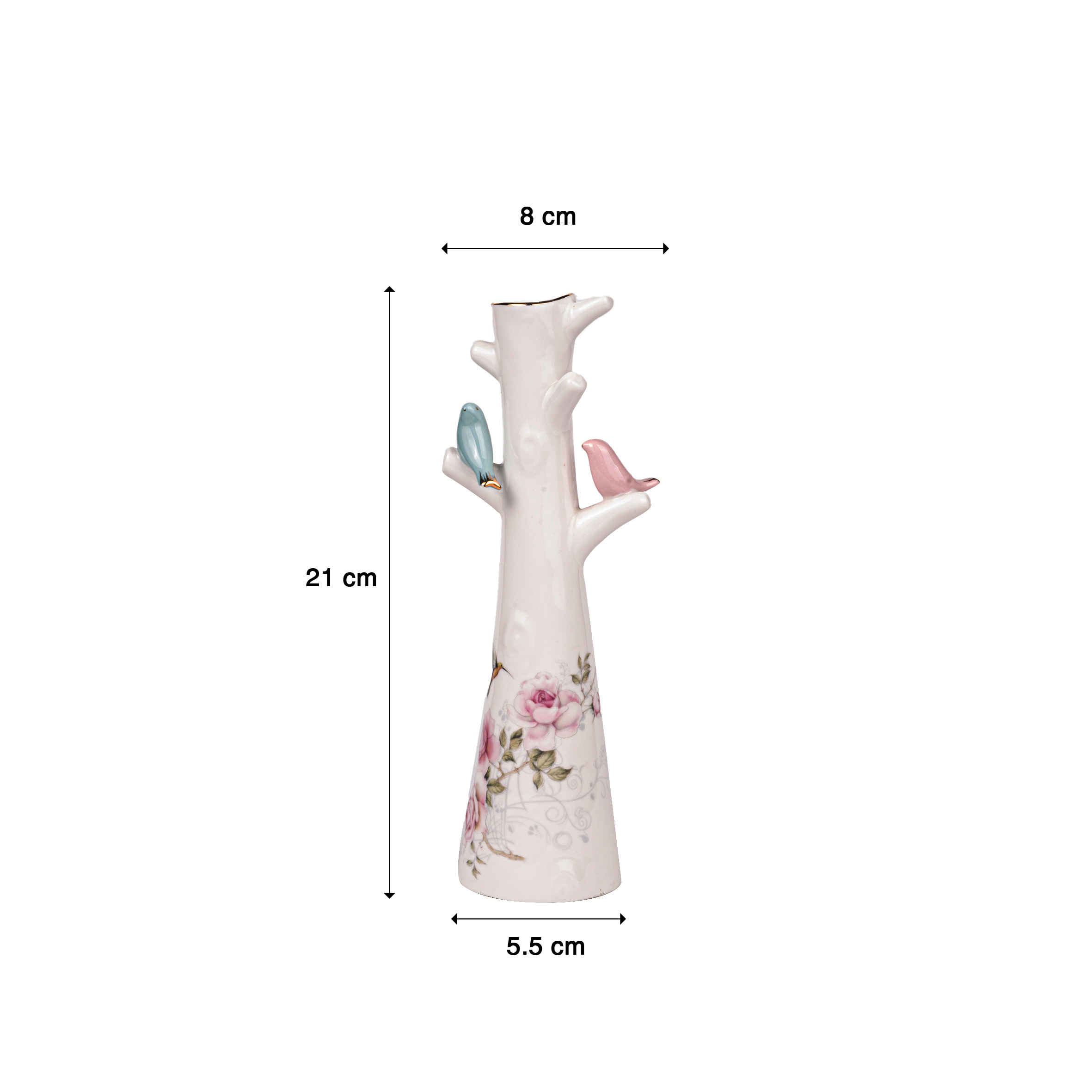 Deco-keramieken knopvaas in wit met een modern bloemen- en vogelmotief voor een frisse uitstraling