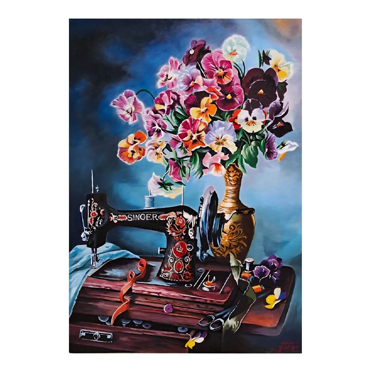 Origineel Bloemenkunst Schilderij – Olie op Canvas door Ahmad Motaghedi