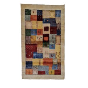 Echt handgeknoopt Perzisch Kheshti Gabbeh tapijt – Geometrisch met rand, Crème, Wol