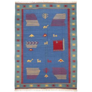Perzische Kilim Handgeweven – Blauw met Diermotieven – Wollen Vloerkleed