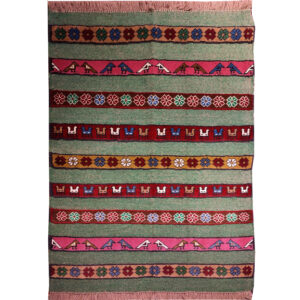 Perzisch Kilim Tapijt — Handgeweven Wol — Groen Diermotief