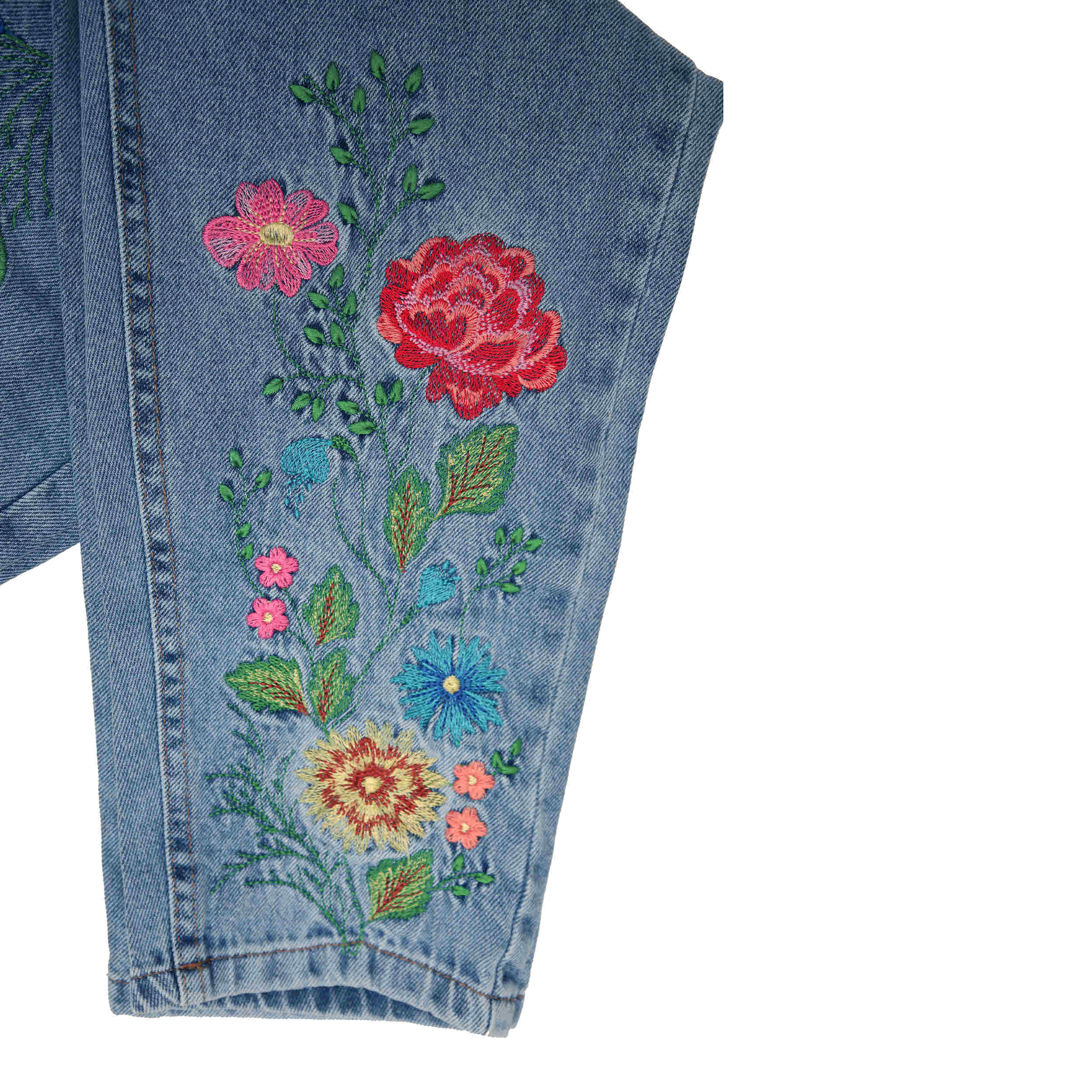 Mom Fit Jeans met Geborduurde Bloemen – Lichtblauw