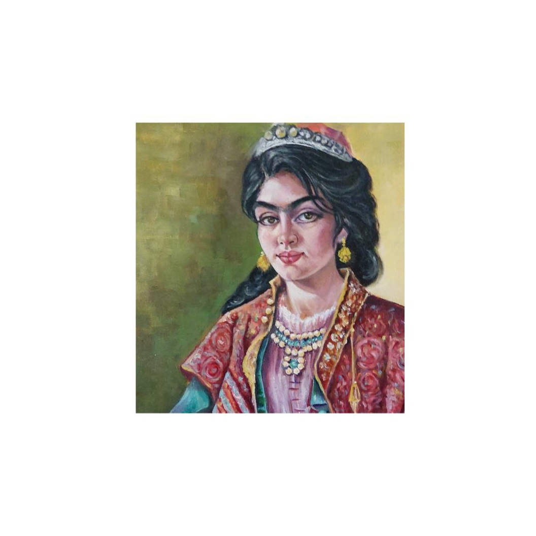 Origineel Perzisch Qajar Kunstschilderij: Olie op Doek, Portret van Qajar Meisje