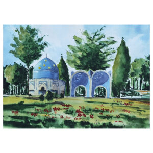 Origineel Realisme Schilderij – Aquarel op Karton, Graf van Attar Neyshaburi