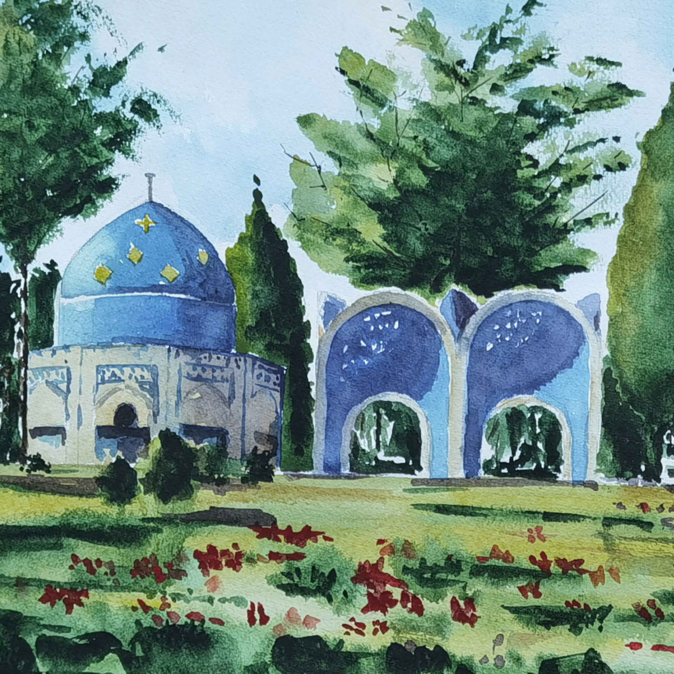 Origineel Realisme Schilderij – Aquarel op Karton, Graf van Attar Neyshaburi
