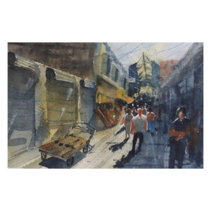 Origineel Realisme Schilderij – Aquarel op Karton, Grote Bazaar van Teheran