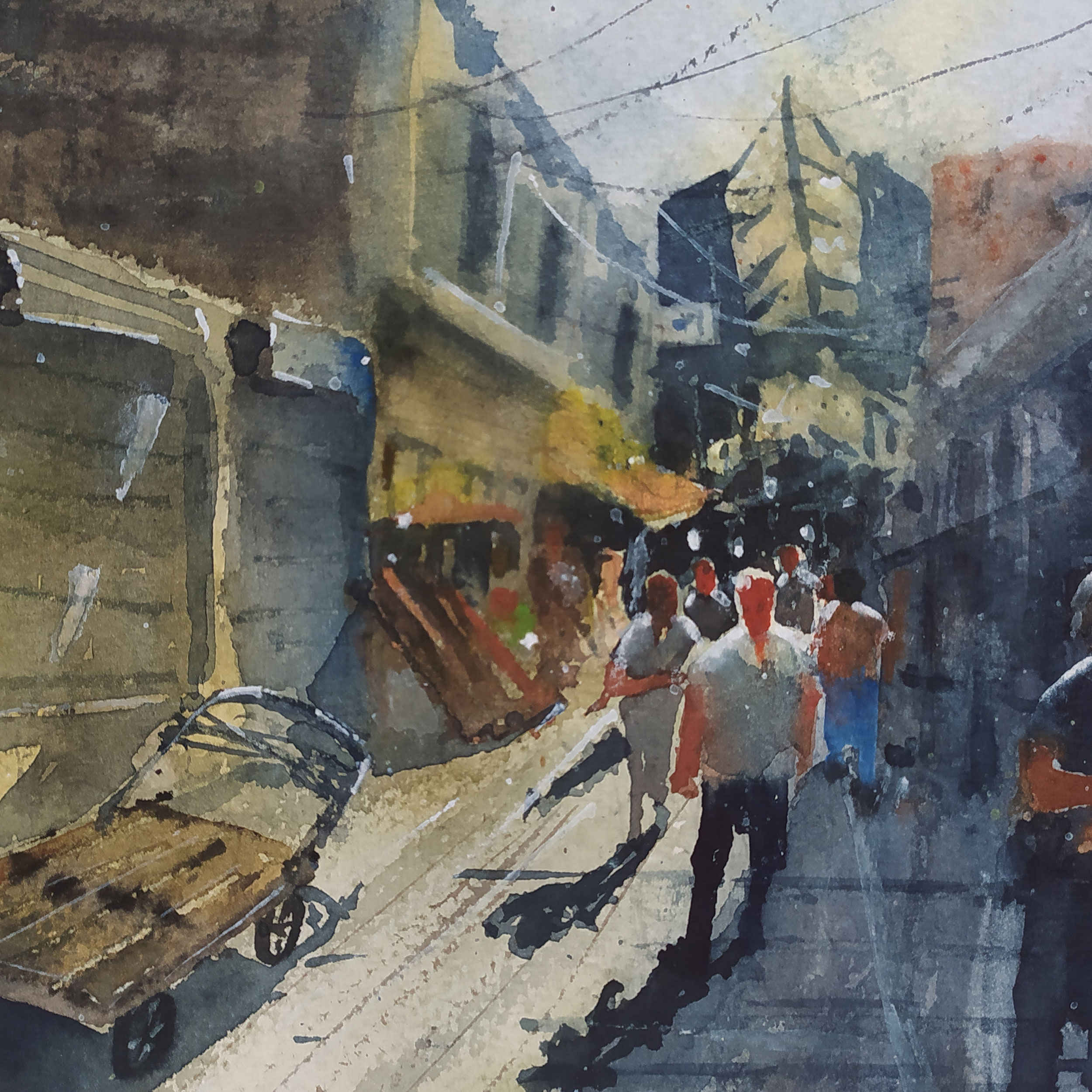Origineel Realisme Schilderij – Aquarel op Karton, Grote Bazaar van Teheran