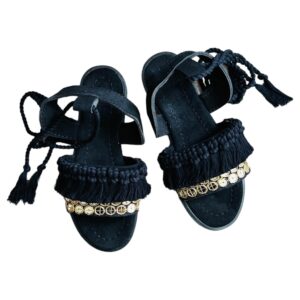 Boho Slingback Sandalen – Zwart Handgemaakt Macramé