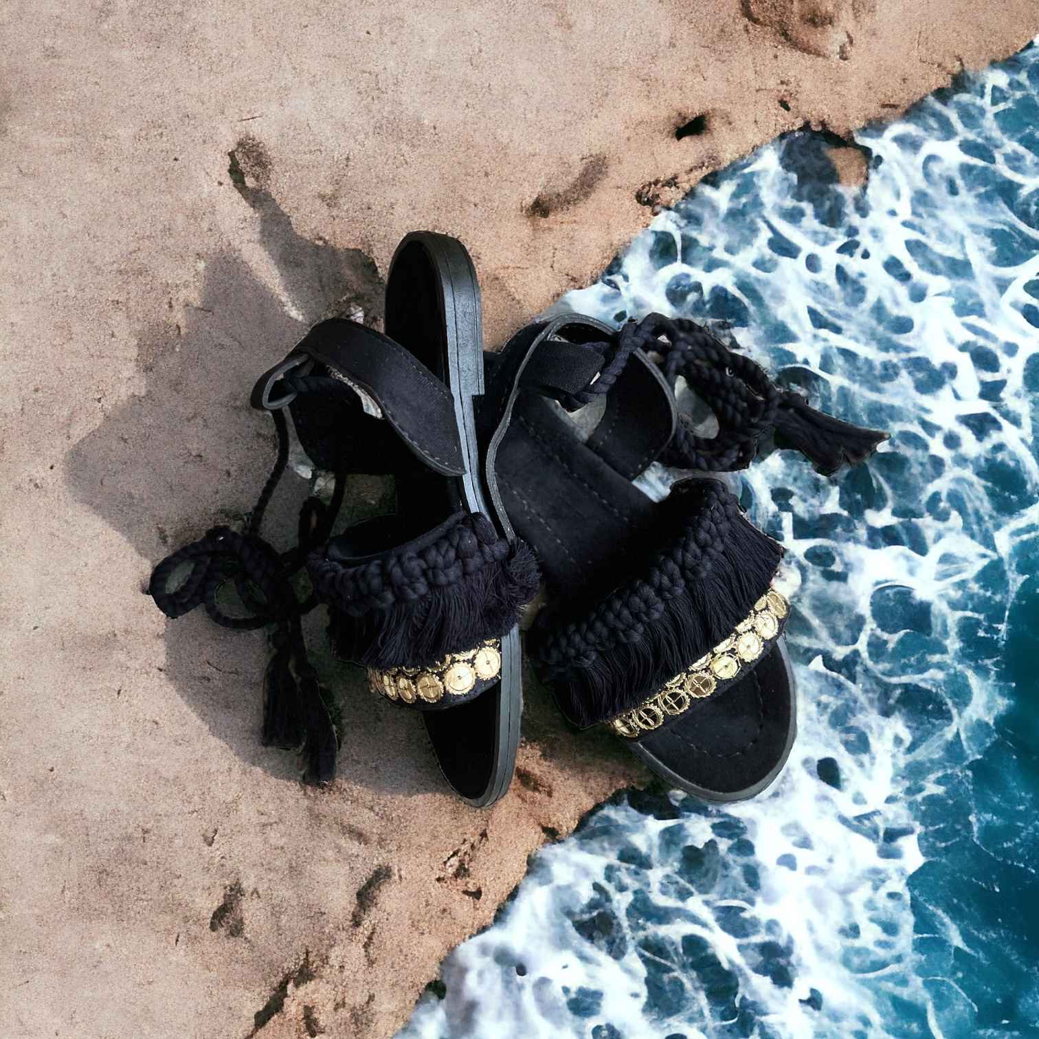 Boho Slingback Sandalen – Zwart Handgemaakt Macramé