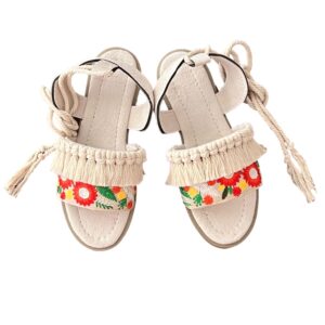 Boho Slingback Sandalen – Wit Handgeborduurd Macramé