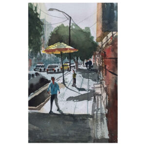 Origineel Realisme Schilderij – Aquarel op Karton, Straat van Teheran door Bijan Ghahramani