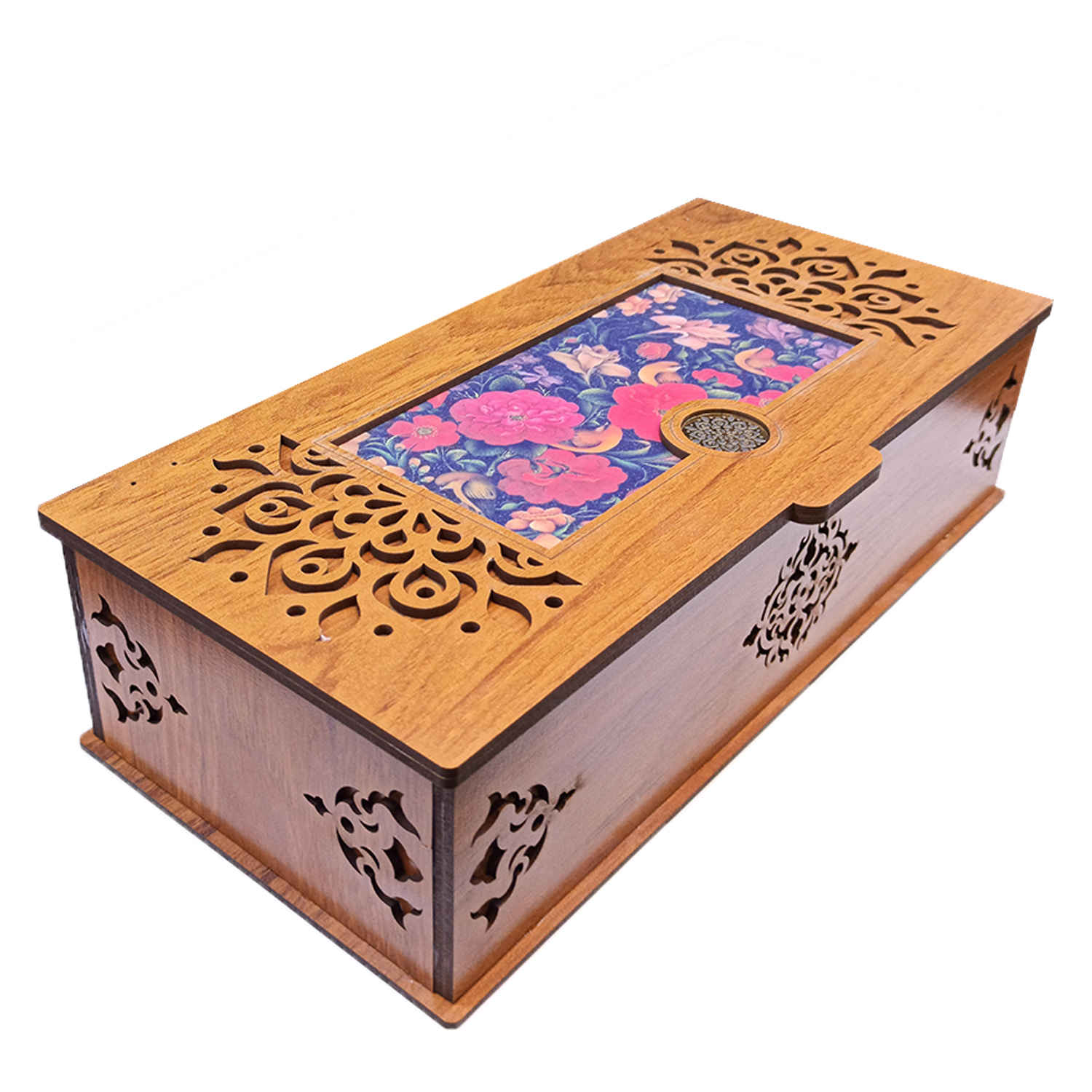 Theedoos met Bloemenpatroon – Natuurlijke houten afwerking