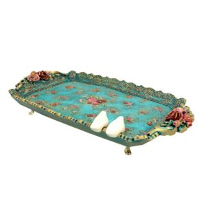 Decoratief Polyester Dienblad met Voet in Vogel & Bloem Ontwerp – Turkoois