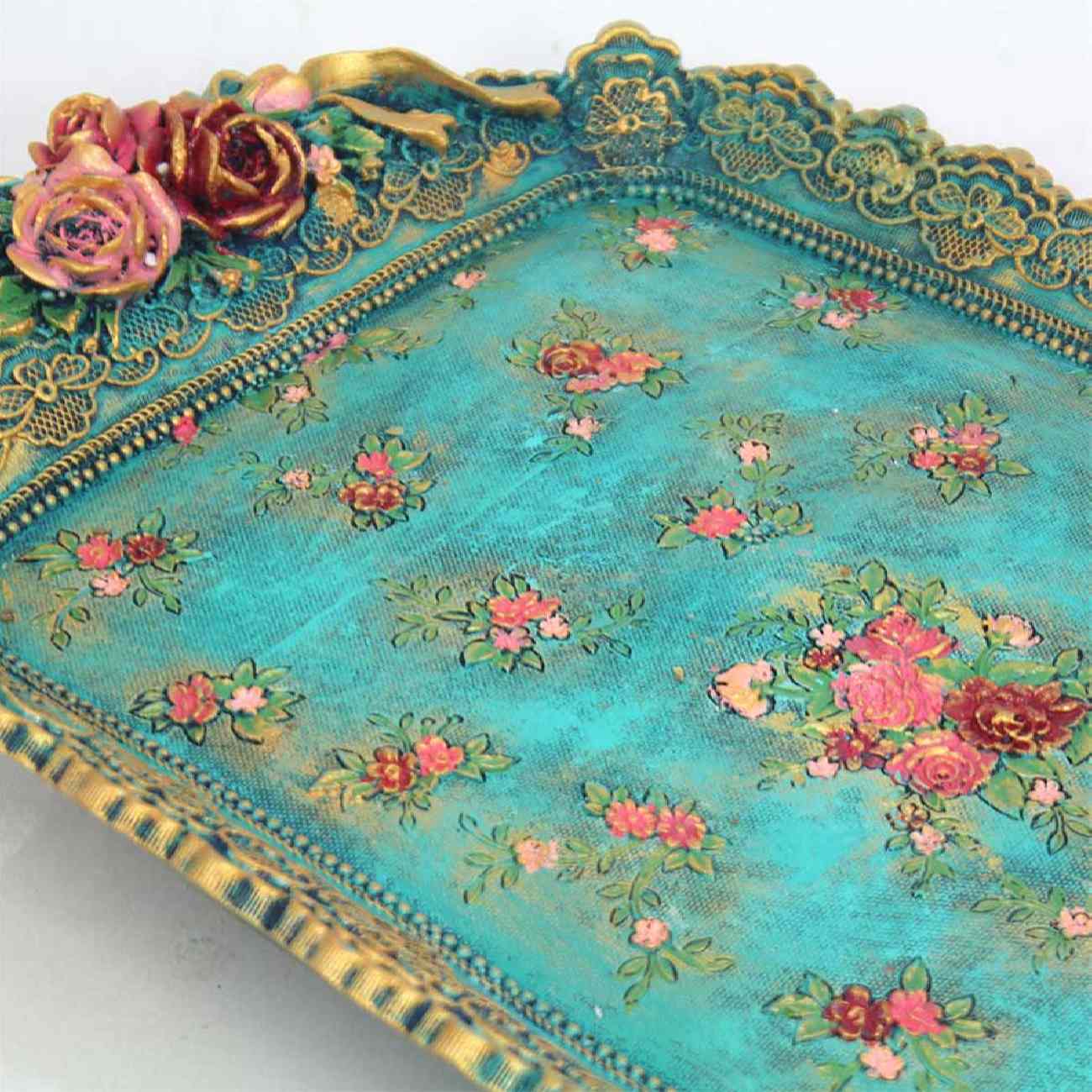 Decoratief Polyester Dienblad met Voet in Vogel & Bloem Ontwerp – Turkoois