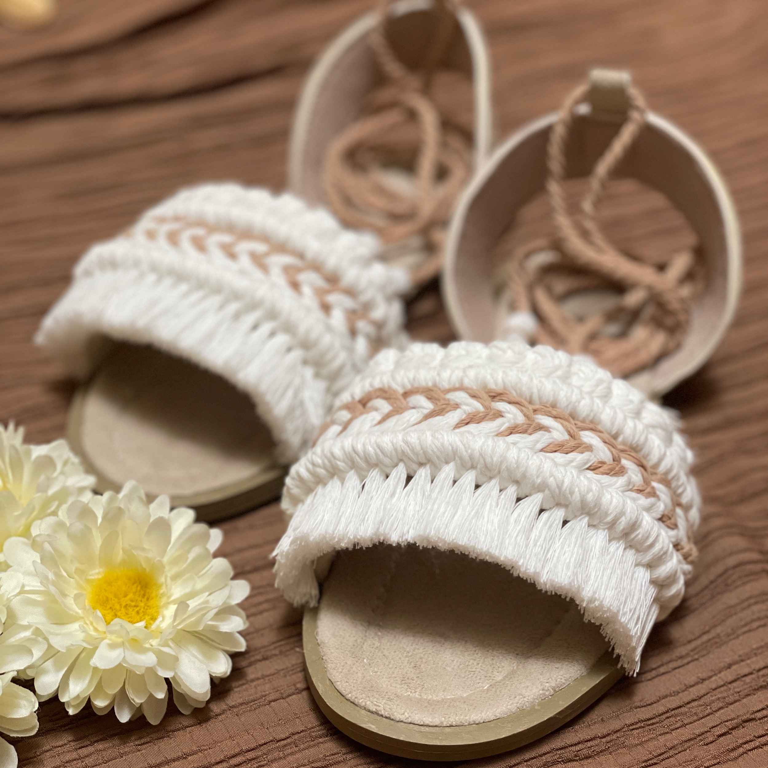 Macramé Sling Back Platte Sandalen met Boho Ontwerp Handgemaakt Code Sh04