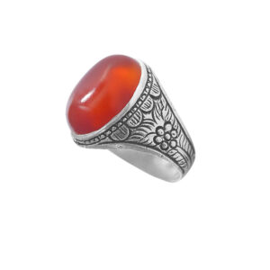 Perzische Zilveren Ring Heren – Rood Agaat Flower Design