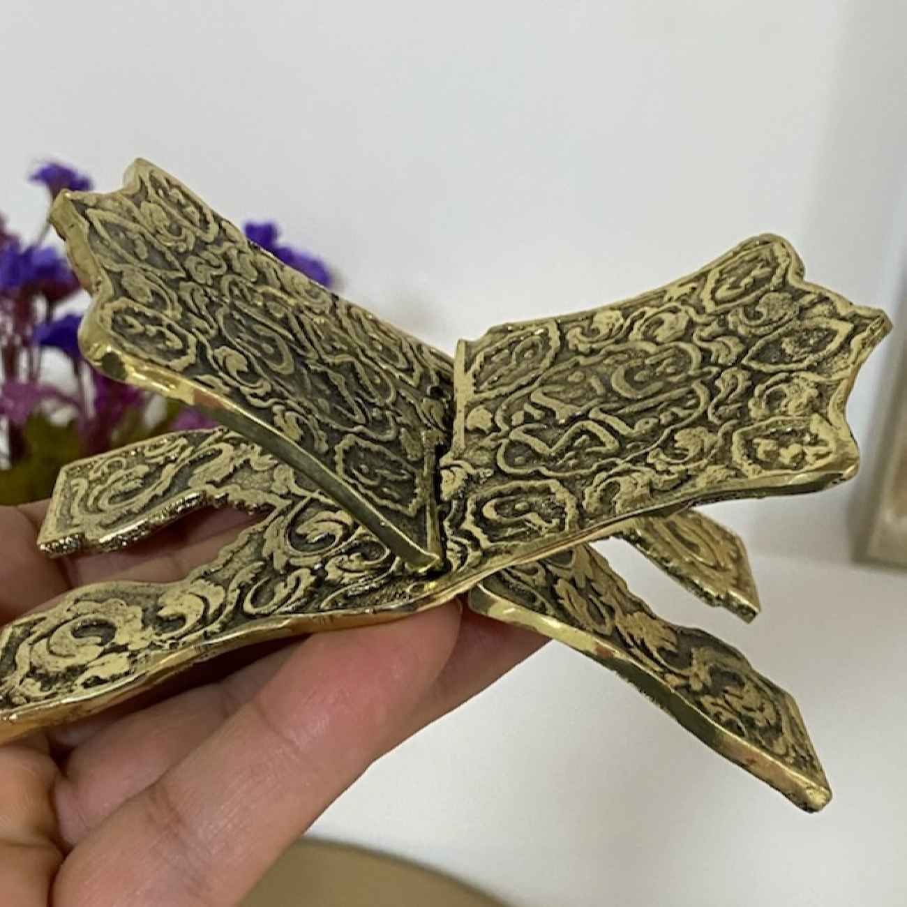 Opvouwbare Messing Quran Rehal Standaard met Gegraveerd Ontwerp