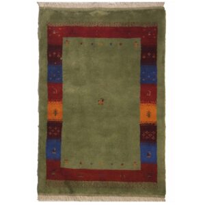 Handgeknoopt Perzisch minimalistisch Gabbeh tapijt – Met rand en dierenmotieven, Groen, Wol