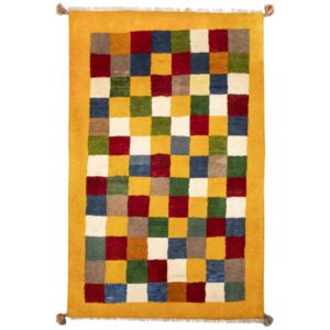 Handgeknoopt Perzisch geometrisch Gabbeh tapijt – Geruit, Geel, Wol
