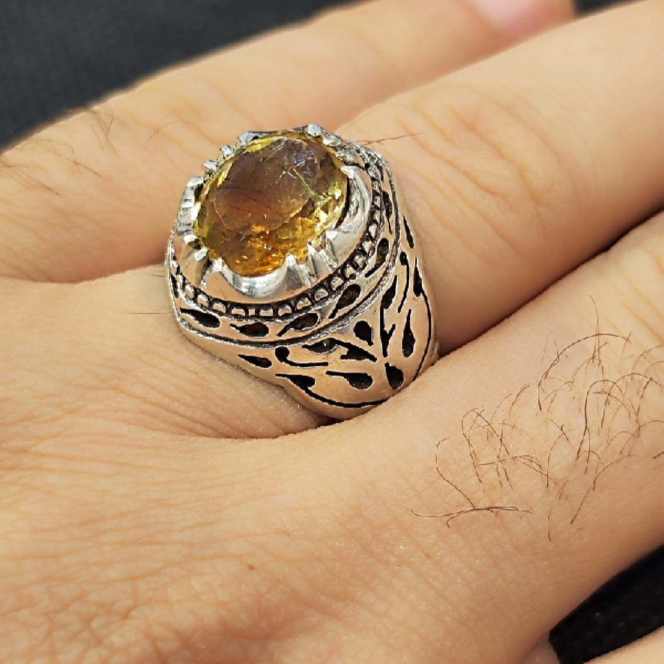 Perzische zilveren ring met gele citrien voor heren – Ashk