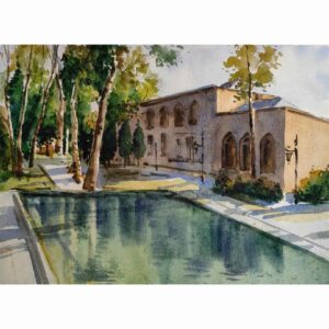 Originele Realistische Schildering – Aquarel op Karton, Perzische Architectuur