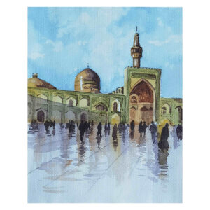 Origineel Realisme Schilderij – Aquarel op Karton, Heiligdom van Imam Reza