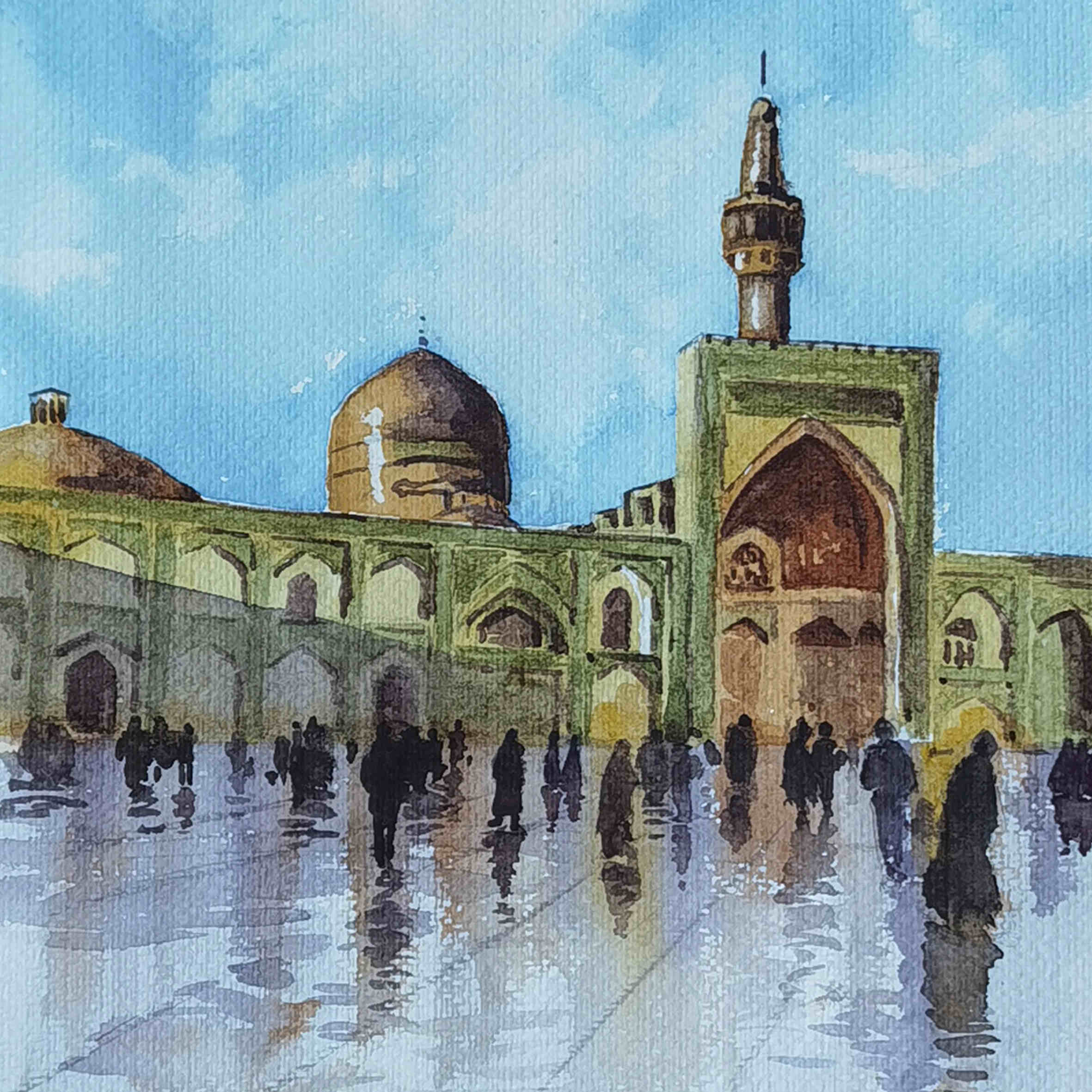 Origineel Realisme Schilderij – Aquarel op Karton, Heiligdom van Imam Reza