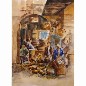 Origineel Realisme Schilderij – Aquarel op Karton, Rasht Grote Bazaar
