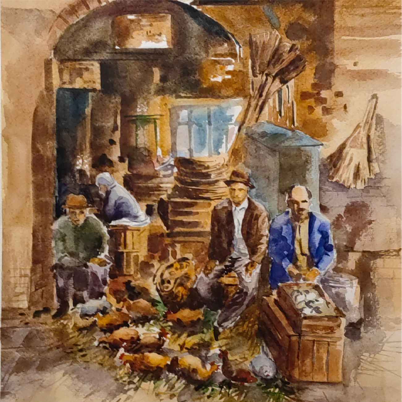 Origineel Realisme Schilderij – Aquarel op Karton, Rasht Grote Bazaar