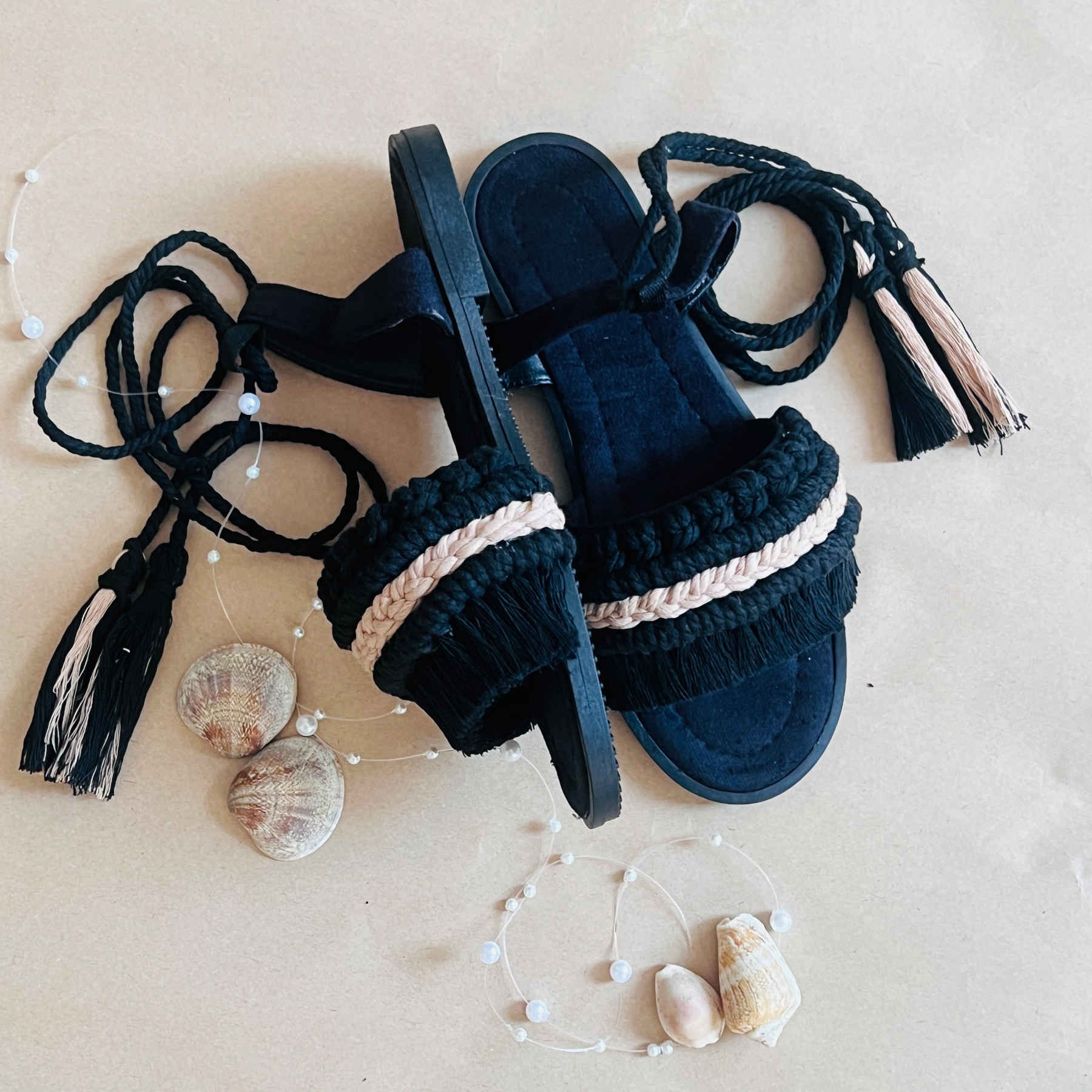 Slingback Macramé Sandalen – Navy Blauw Boho Design