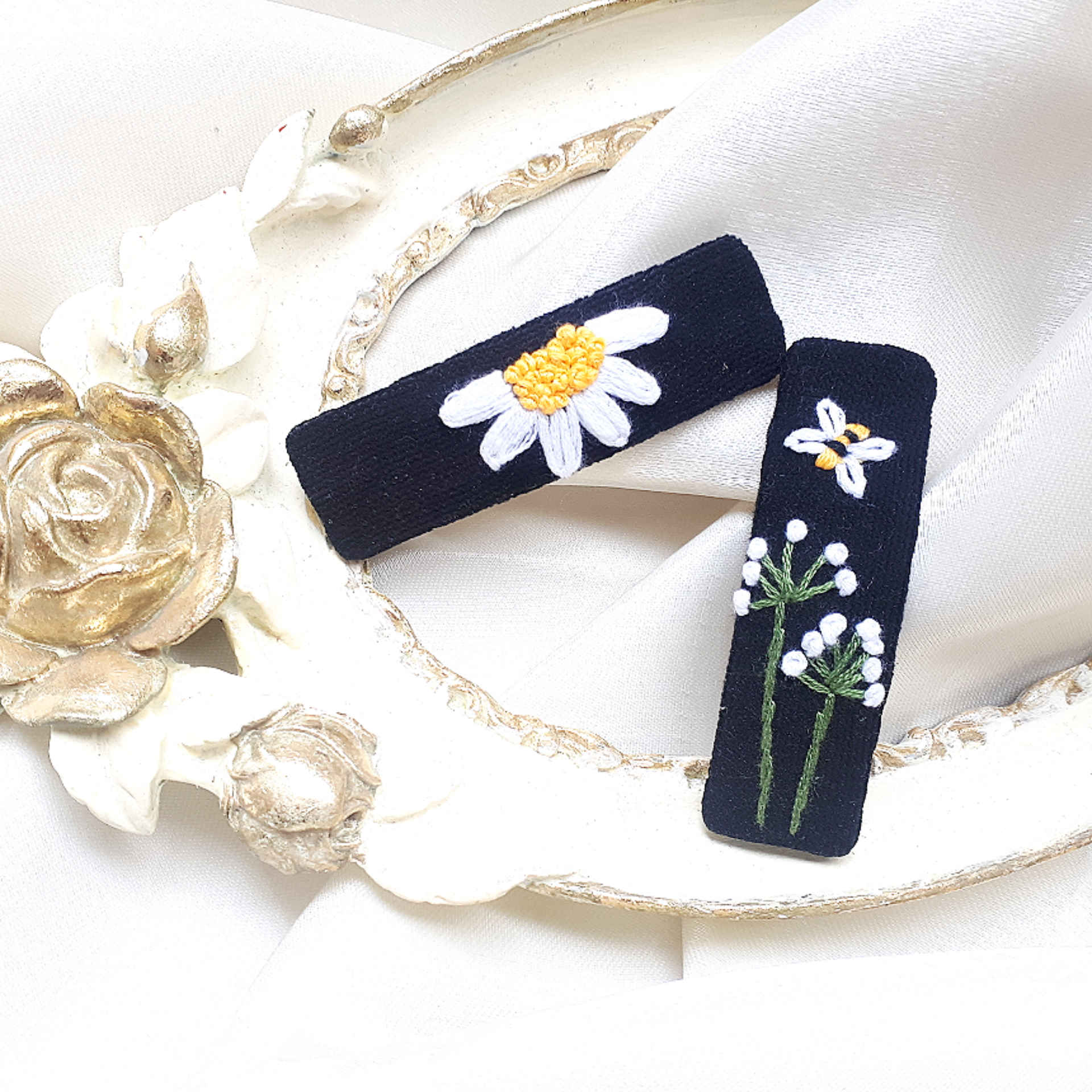 Snap Haarclip Set – Rechthoekig Zwart met Bloemen