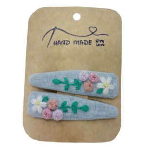 Snap Haarspeld Set – Lichtblauw Linnen met Bloemen