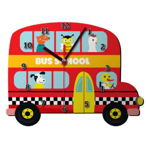 Houten Kinderkamer Wandklok met Dieren Schoolbus
