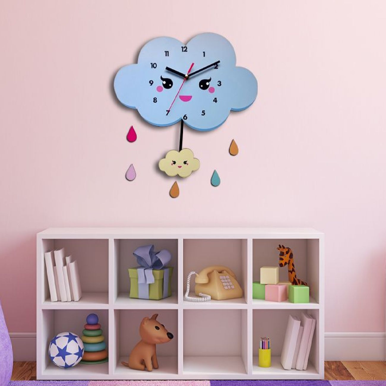 Houten Kinderkamer Wandklok met Blij Wolkenontwerp