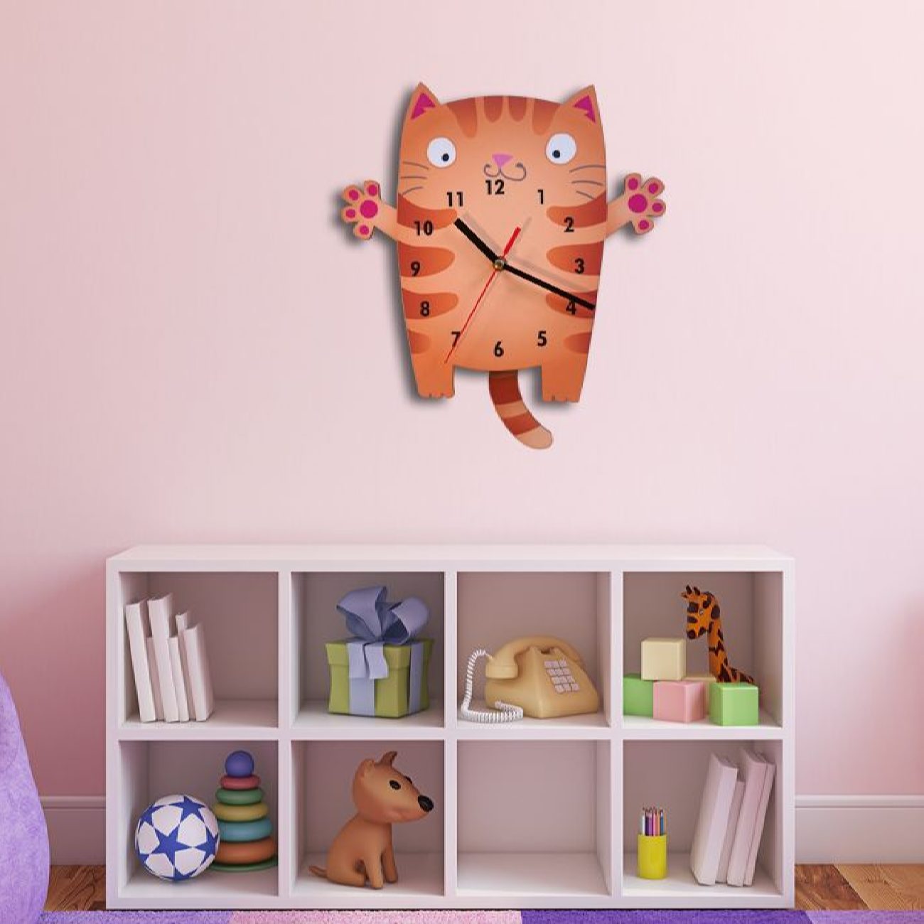 Houten Wandklok voor Kinderkamer met Kat Ontwerp