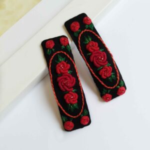 Geborduurde Bloemen Haarspeld Roos Zwart (Set van 2)