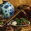 Handgeknoopt Perzisch zijden beeldtapijt uit Tabriz ‘Perzische Tar & Boeken’