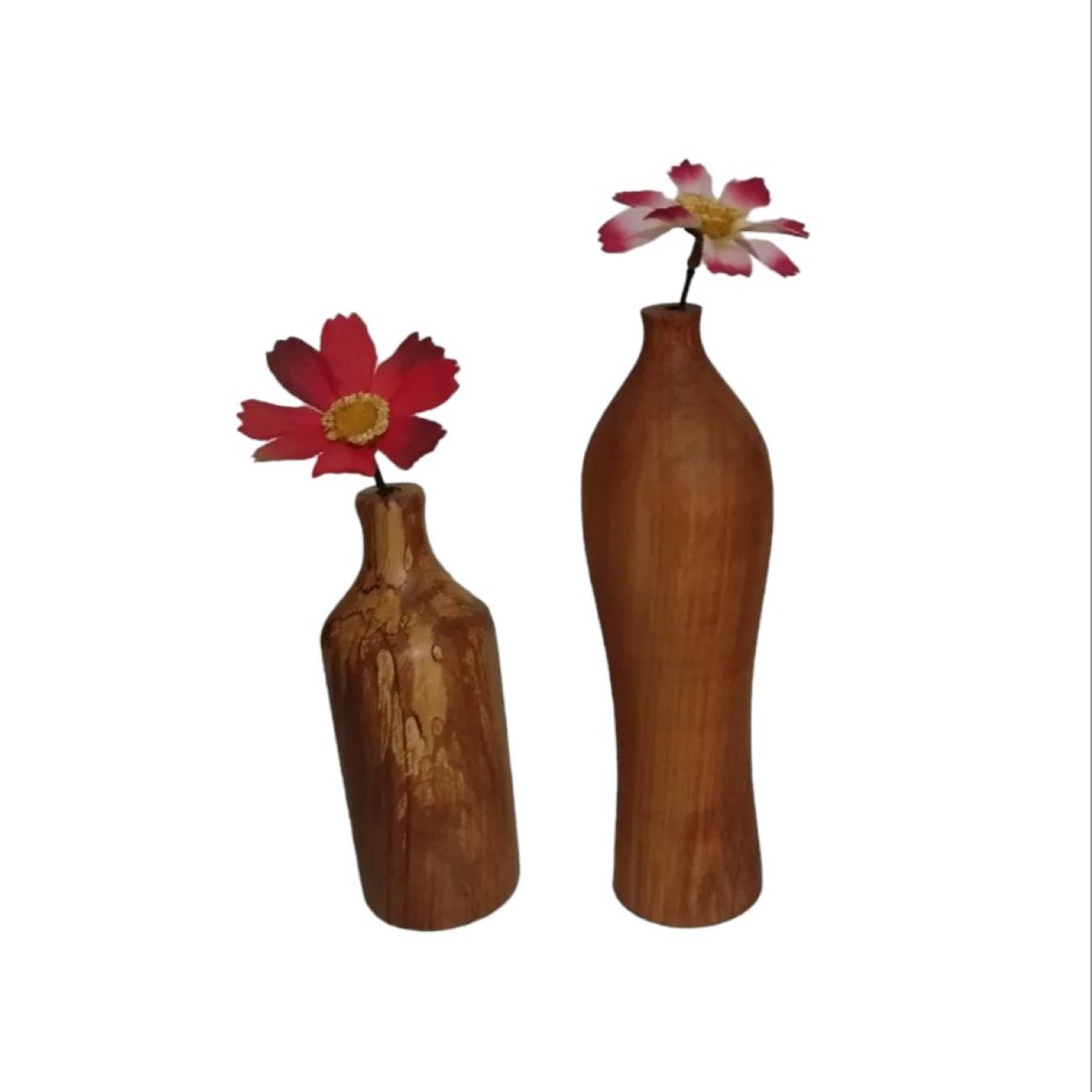 Set van 2 rustieke deco-enkelstengelvazen, handgemaakt van massief natuurlijk hout voor een warme, organische sfeer