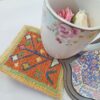 Handgeweven Wollen Kilim Onderzitter – Oranje Geometrisch Vierkant Boho Design
