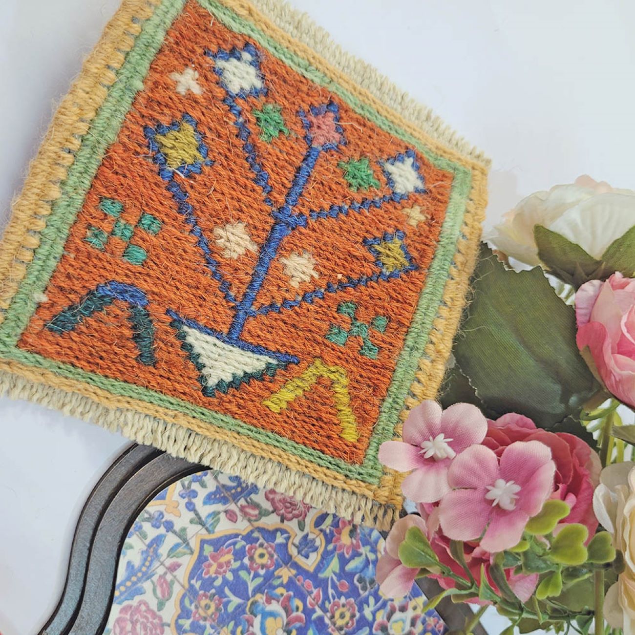 Handgeweven Wollen Kilim Onderzitter – Oranje Geometrisch Vierkant Boho Design