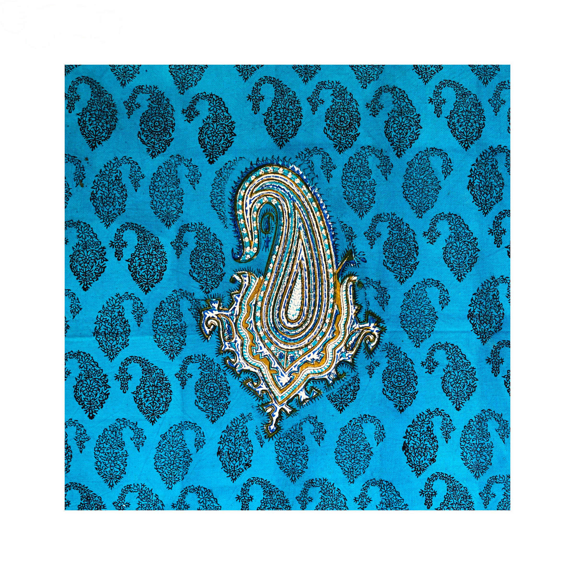 Iraans Tafelkleed Blokdruk Ghalamkari Isfahan Paisley Blauw 4-Persoons