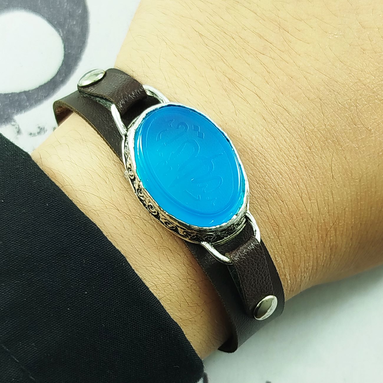 Islamitische Armband met Leer & Agaat Versierd met Ya Aallah