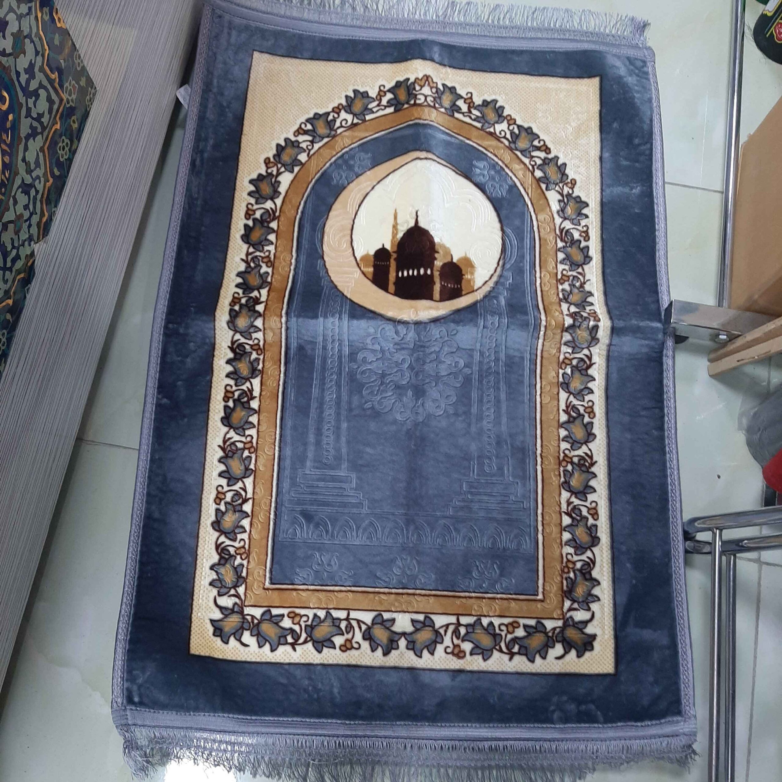 Islamitisch Fluwelen Gebedskleed Sajada Gevoerd Janamaz Blauw