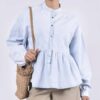 Lichtblauwe Peplum Blouse met Lange Mouwen