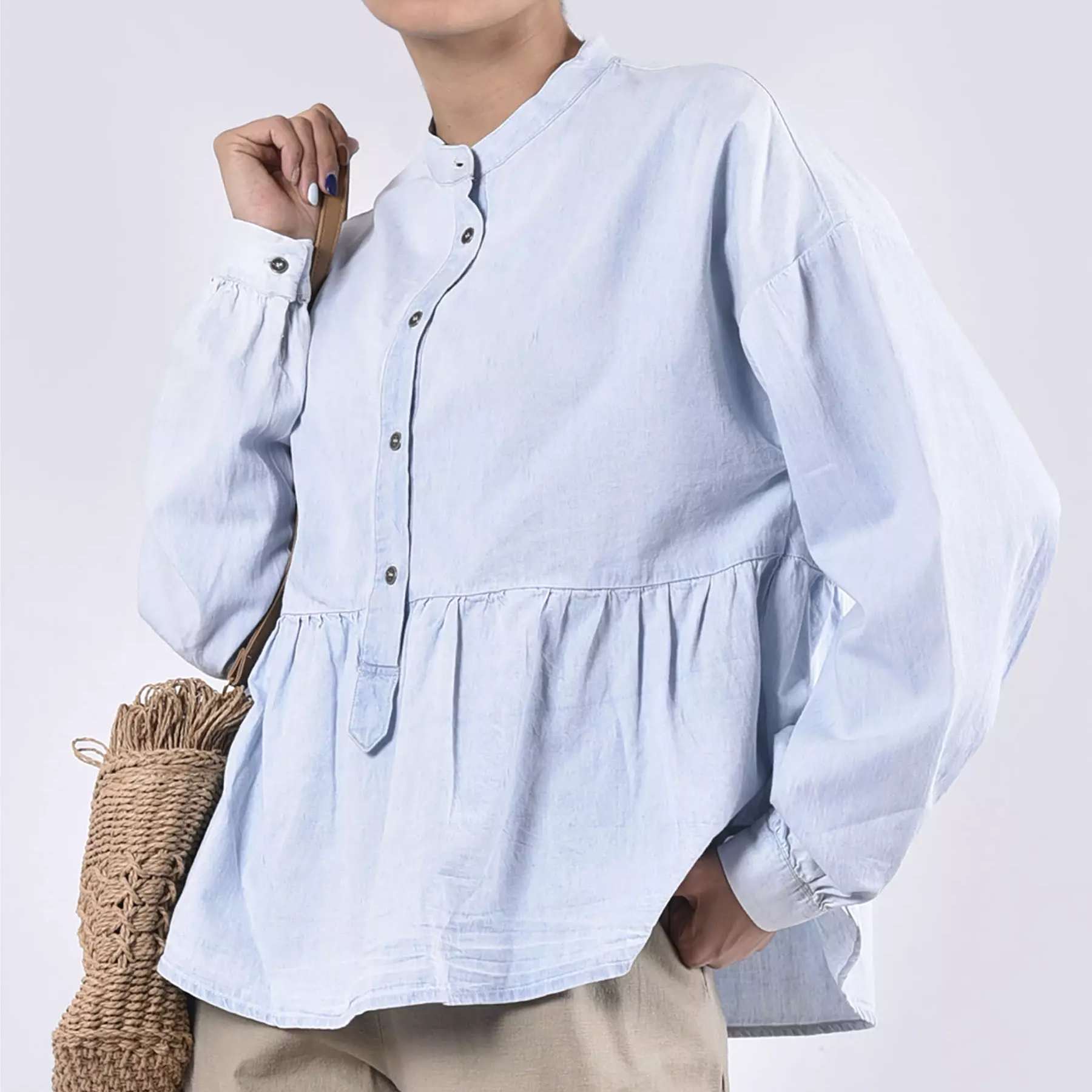 Lichtblauwe Peplum Blouse met Lange Mouwen