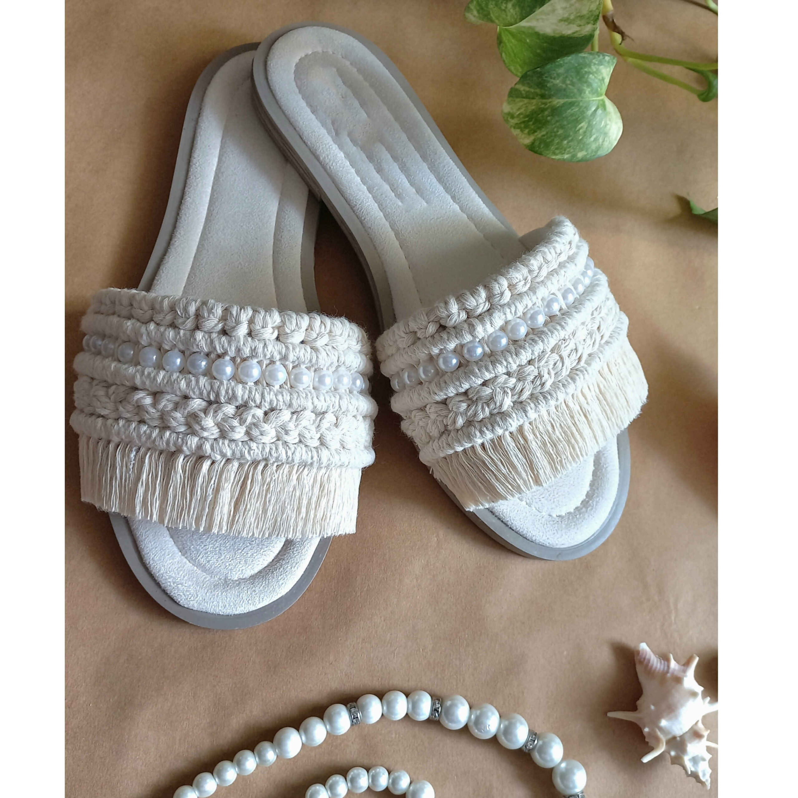 Handgemaakte Witte Macramé Boho Chic Slippers