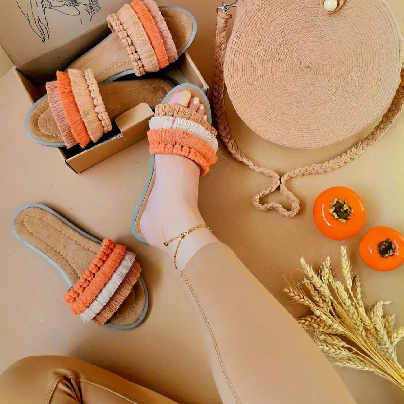 Oranje Macramé Boho Chic Slippers – Model Herfst