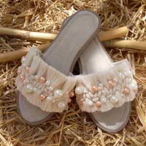 Cream Macramé Boho Chic Slippers – Model Parel
